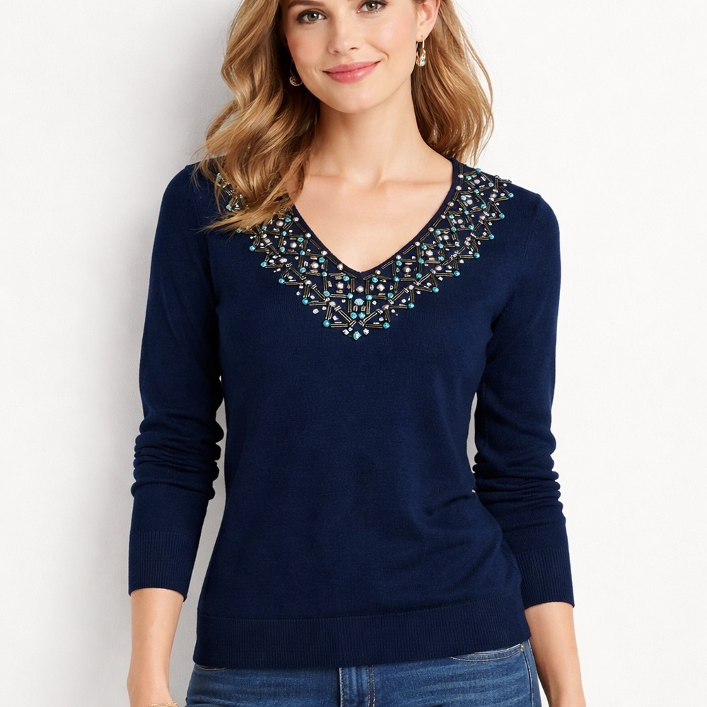 Boden Navy Wool Blend Sweater Beaded V-Neck Embellished Size US 4